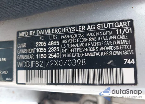 2002 Mercedes-Benz E 320 4M/4M Special Edition from USA, damaged, VIN WDBJF82J72X070398